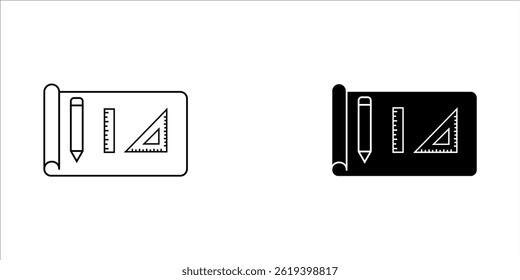 Architectural icons set. with house project print, building construction plans, measuring tools. Hand drawn architect tools set, engineering drafts, drawing compasses and house schemes.
