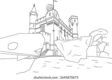 Desenho de linha de ilustração arquitetônica do The Castle Climbing Center em Londres, Reino Unido, um ginásio de escalada interior único alojado em um edifício vitoriano da estação de bombeamento de água que lembra um castelo escocês.
