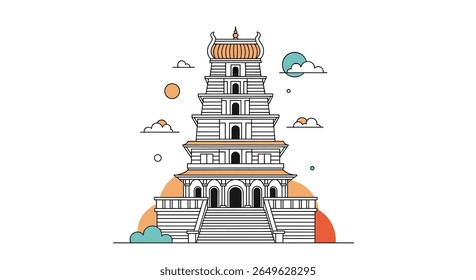 Architectural illustration of a traditional multi-story pagoda tower amidst scenic sky elements