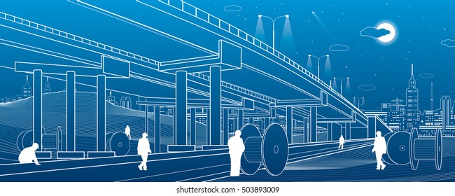 Architectural and infrastructure illustration, people are working, automotive overpass, highway. Urban scene, industrial landscape, large coil. Night city on background, vector lines design art