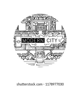 Architectural ink background, construction logo with doodle maps. Design element for a building, architectural, design, development company. Hand drawn frame. Vector illustration