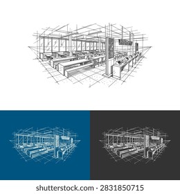 Architectural interior perspective sketch of a modern cafeteria, food court, or restaurant seating area, drawn in line art style with construction lines.