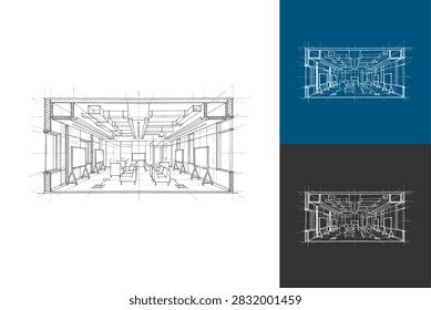 Architectural interior perspective sketch of a modern classroom, training room, or presentation hall with sofas, whiteboards, and exposed ceiling ducts in blueprint line art style.