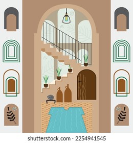 Arcos y escaleras internos arquitectónicos en el área de la habitación de techos altos con alfombra, maceta de flores, puerta y decoración afiche de jarras de cerámica y algunos marcos de forma de arco iconos set elemento de diseño