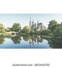 Architectural landmark building reflected in calm water with green trees. Mosaic style halftone pattern background.