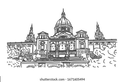 Architectural landmark Spain, Barcelona sketch. Narrow old streets Gothic quarter. Open-air museum. Interesting sights ancient city. Tourist route in Europe. Vector illustration.