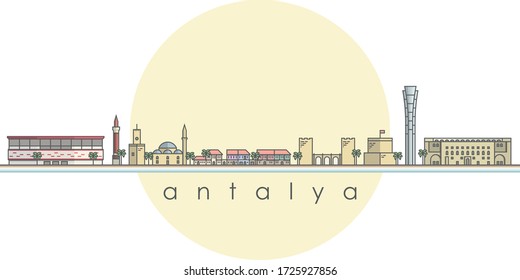 Architectural landmarks of Antalya city in flat line style.