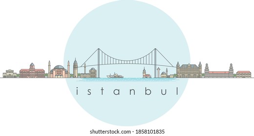 Architectural landmarks of İstanbul city in flat line style.