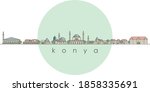 Architectural landmarks of Konya city in flat line style.