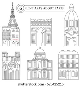 Architectural landmarks of Paris, the French capital. Vector illustration drawn in a linear style, it shows the main symbols of France. Paris vector icon. Paris building outline.