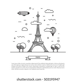 Architectural landmarks of Paris, the streets of the French capital. Vector illustration drawn in a linear style, it shows the main symbols of France