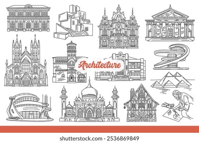 Architectural landmarks and world-famous buildings built in ancient times or today. Architectural masterpieces with mosques and cathedrals or pyramids near male engineer. Hand drawn.