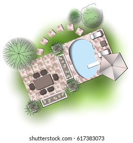 Architectural landscape design illustration with green plants, patio and swimming pool. Collection for landscape garden design, maps, plan. View from above.