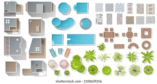 Architectural and Landscape elements top view. Kit for landscape, cityscape design. Objects for project, map. Vector collection of house, cottage, plant, tree, swimming pool, outdoor furniture, tile - Shutterstock ID 2100639256