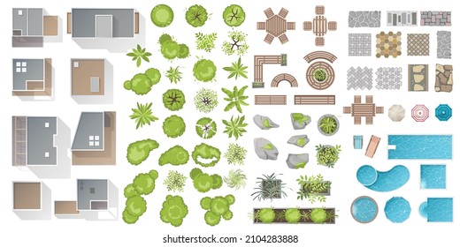 Architectural and Landscape elements, top view. Collection of houses, plants, garden, trees, swimming pools, outdoor wooden furniture, tile. Flat vector. Kit of Tables, benches, chair. View from above