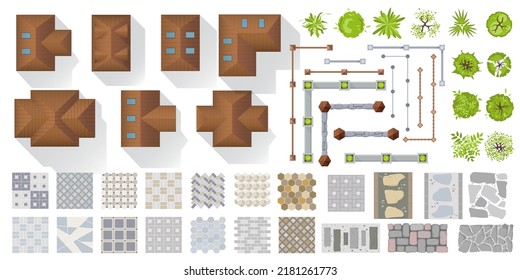 Architectural And Landscape Elements Top View For Town, Village. Set Of Houses, Plants, Garden, Fence, Trees, Tile Path For Project, Plan, Map, Yard. Collection Of Objects View From Above. Vector Kit