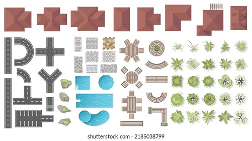 Architectural and Landscape elements top view for town, village. Collection of houses, plants, garden, tree, road element, swimming pool, outdoor furniture, tile. Kit of objects view from above