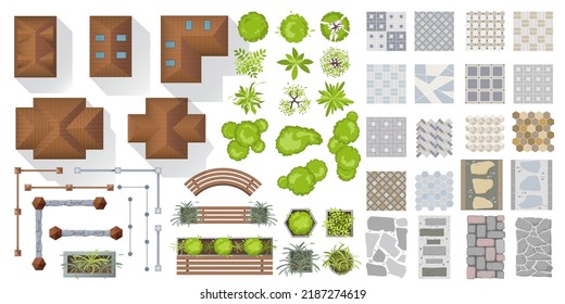 Architectural and Landscape elements top view for town, village. Set of houses, plants, garden, fence, tree, outdoor furniture, tile path for project, plan, map, yard. Collection. View from above