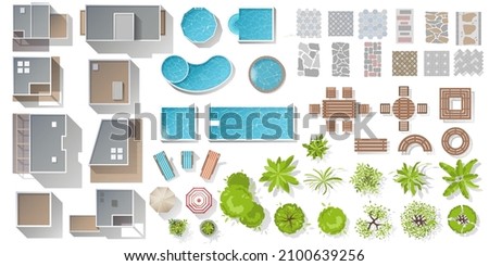 Architectural and Landscape elements top view. Kit for landscape, cityscape design. Objects for project, map. Vector collection of house, cottage, plant, tree, swimming pool, outdoor furniture, tile