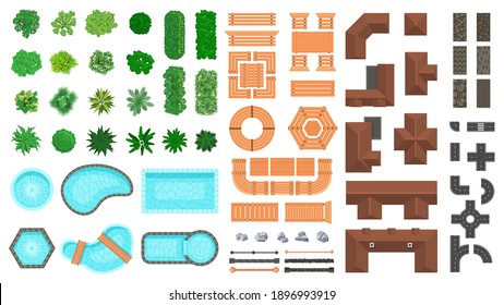 Elementos de paisaje arquitectónico. La ciudad al aire libre mira árboles, casas, carreteras y mobiliario de madera ilustrado vectorial. Elementos de construcción paisajística. Techo, charcos, arbustos y vallas para el proyecto