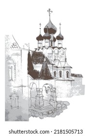 Architectural landscape, Rostov Kremlin back yard, stone porch with hipped tent roof, barrel-column arcade. Brown and grey vector traced pencil drawing 