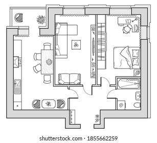 Architectural layout of the house. Floor plan in top view with furniture placement. Kitchen, bedrooms, living room, dining room and bathroom. Interior design project, icon set view from above. Vector