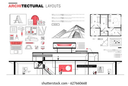 Architectural layouts in trendy polygonal  line composition. Thin icons of buildings. Professional projects drawing. Awesome contour geometry style with pictogram of future for your design.