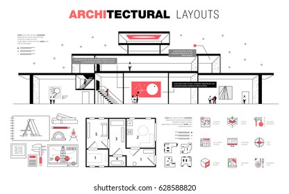 Architectural layouts in trendy polygonal  line composition. Thin icons of buildings. Professional projects drawing. Awesome contour geometry style with pictogram of future for your design.