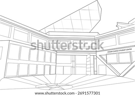 Architectural Line Art of Cesar Chavez Student Center at San Francisco State University, featuring modern design, iconic structure, and urban academic campus landmark illustration.