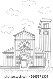 Desenho de linha arquitetônica de uma catedral com torre e nuvens, ideal para colorir páginas, ilustrações e projetos de design retratando arquitetura histórica ou religiosa em um estilo de esboço detalhado