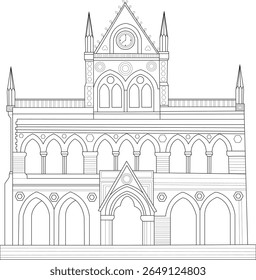 Architectural line drawing of David Sassoon Library, Mumbai, India, a landmark with Gothic Revival details.