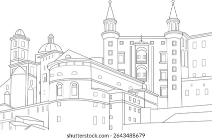 Desenho de linha arquitetônica do complexo histórico de edifícios, ilustração simples em preto e branco de um complexo histórico de edifícios com várias estruturas, torres, cúpulas e detalhes