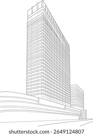 Desenho arquitetônico do icônico Trident Hotel em Nariman Point, Mumbai, Índia. Ilustração vetorial minimalista moderna do edifício histórico de luxo no horizonte da cidade.