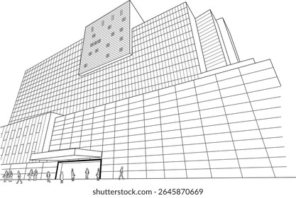 Ilustração de desenho de linha arquitetônica do Royal London Hospital em Londres, apresentando o edifício contemporâneo e as pessoas.