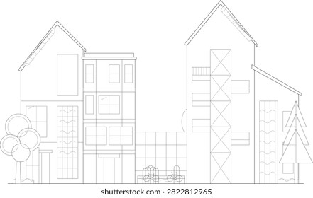 Architectural line drawing of a row of connected city houses featuring pitched gable roofs, textured facades, and surrounding trees, ideal for urban residential architecture concepts. Suitable for real estate presentations, streetscape illustrations, and design portfolios.