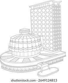 Architectural line drawing of Vidhan Bhavan, Mumbai. Ideal for Indian cultural and governmental themes, black and white outline.