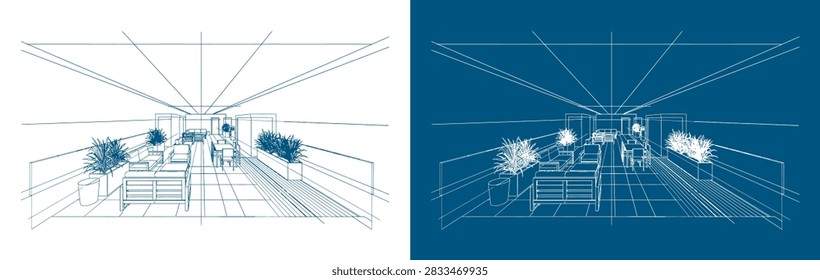 Architectural line sketch blueprint vector illustration featuring modern rooftop terrace lounge perspective with outdoor sofas, planter boxes, glass railing, and dining area on light and dark blue background.