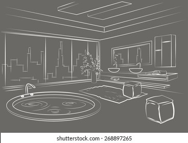 architectural linear sketch bathroom interior on gray background