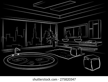 architectural linear sketch bathroom interior on black background