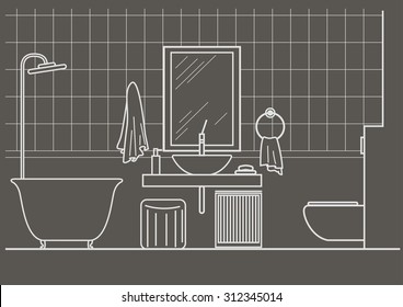 architectural linear sketch bathroom interior front view on gray background