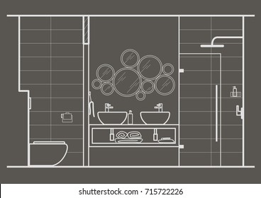 architectural linear sketch bathroom interior front view on gray background