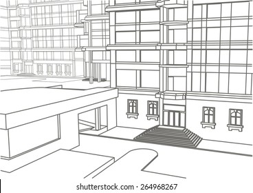 architectural linear sketch of building in few levels
