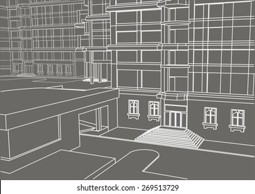 architectural linear sketch of building in few levels on gray background