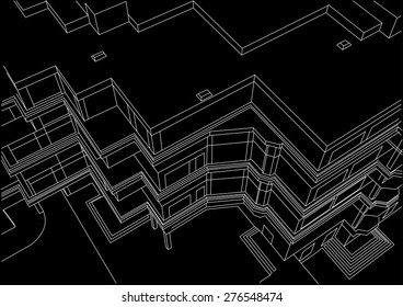 architectural linear sketch building on black background 