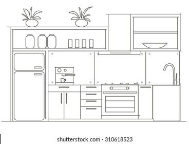 Architectural linear sketch interior small kitchen front view