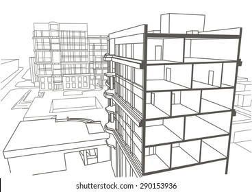 Architectural Linear Sketch Multistory Apartment Building. Sectional Drawing