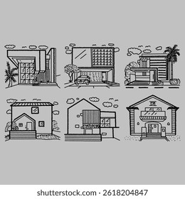 Architectural Lineart Sketch of Modern House Exterior Minimal Handdrawn Style