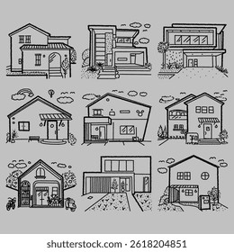 Architectural Lineart Sketch of Modern House Exterior Minimal Handdrawn Style