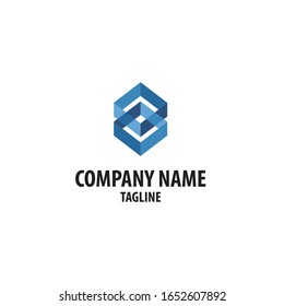 architectural logo with a blue hexagon element