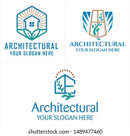 Architectural logo with home leaf and sun combination design creative suitable for environmental business company industry housing